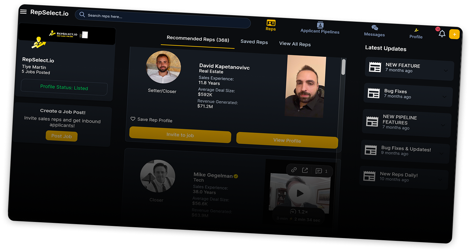 RepSelect hiring dashboard showing recommended sales reps with experience and invite options