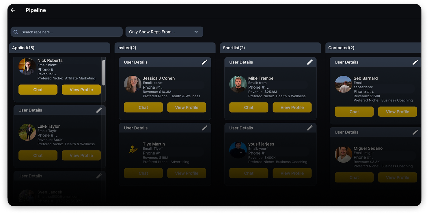 RepSelect hiring pipeline with Applied, Invited, Shortlist, and Contacted stages