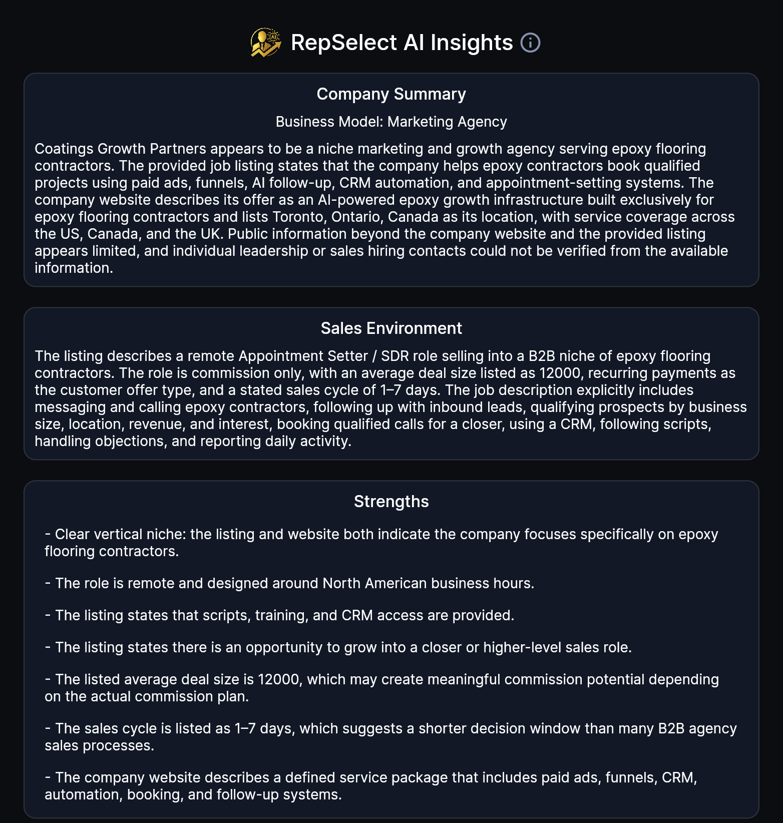 RepSelect AI Insights: company summary, sales environment, and strengths for a job listing