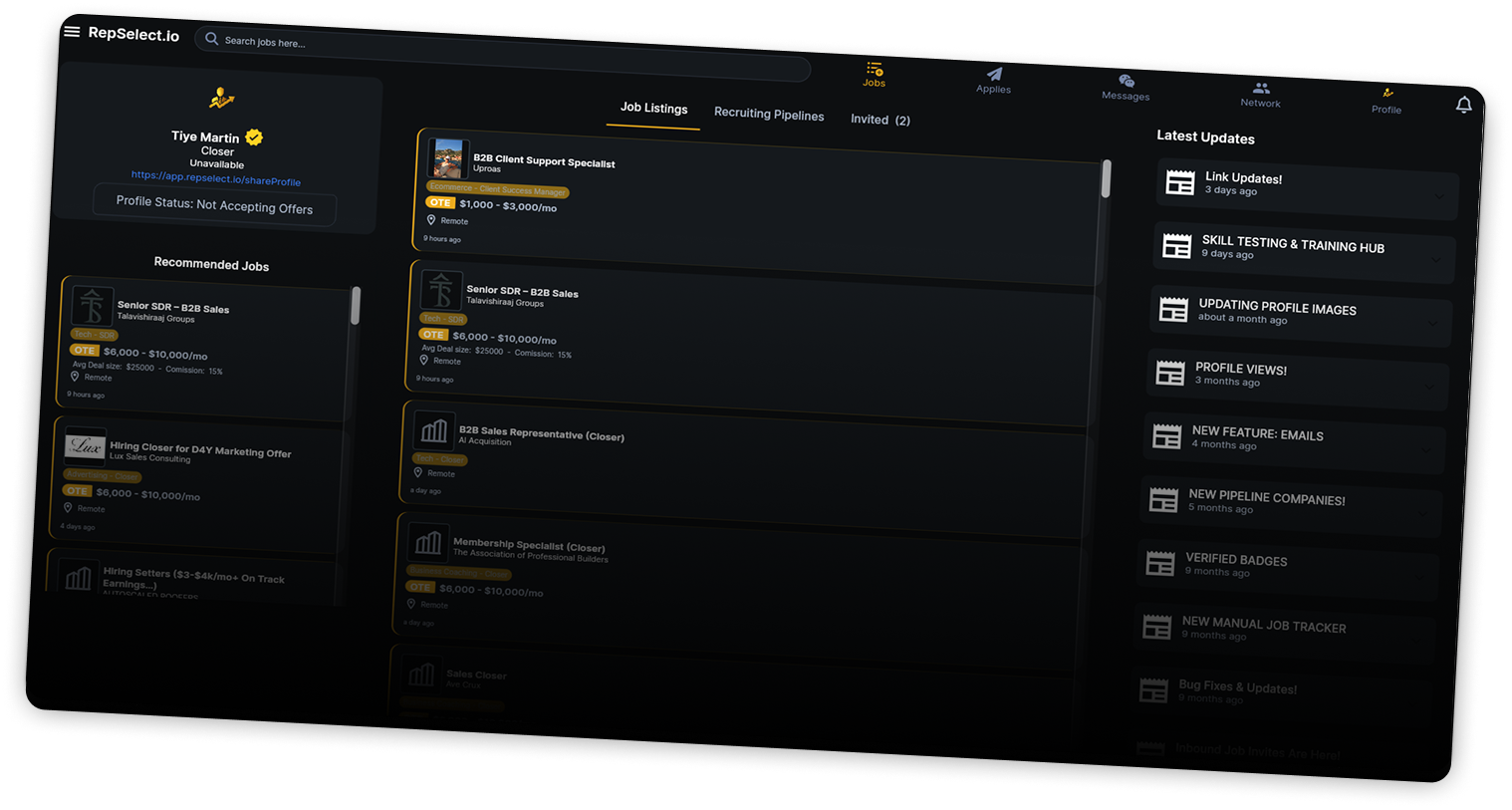 RepSelect jobs workspace showing remote sales listings, recruiting pipelines, and application tracking