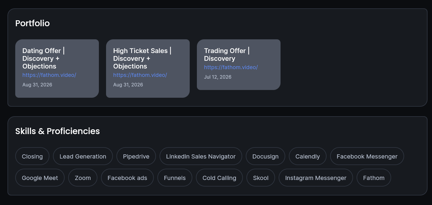 RepSelect candidate portfolio recordings and skills proficiencies