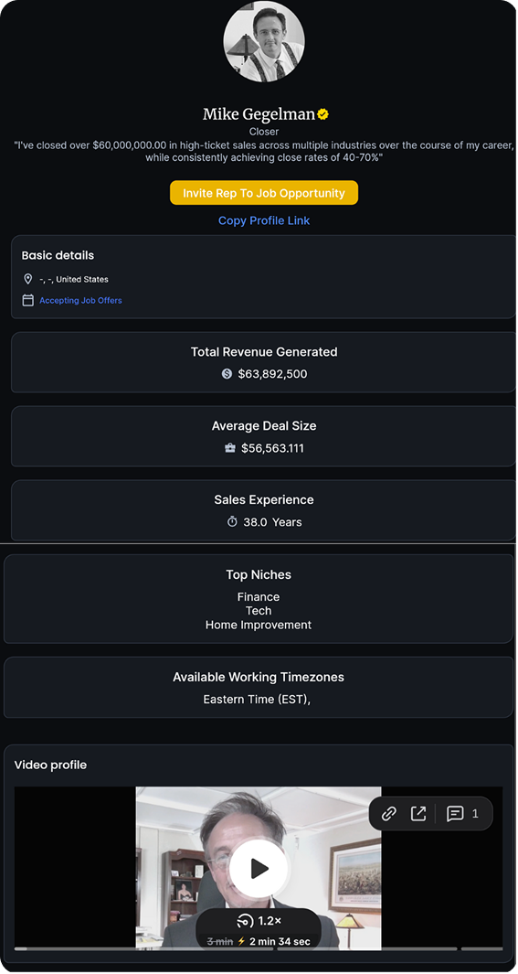 Full RepSelect candidate profile with revenue, deal size, niches, availability, and intro video