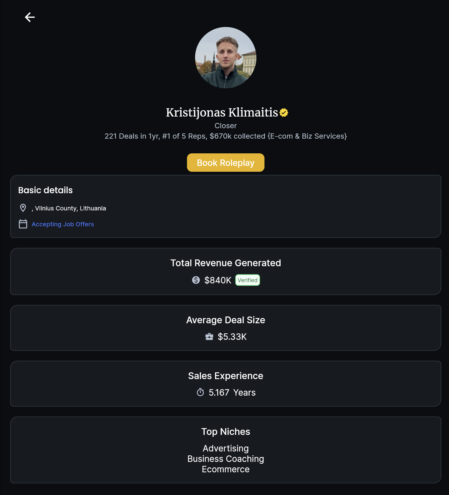 RepSelect verified closer profile: $840K verified revenue, deal size, experience, and top niches